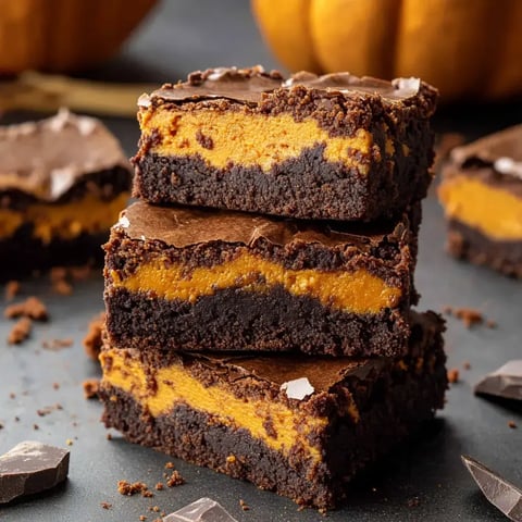 A stack of three pumpkin chocolate brownies is displayed on a dark surface, with a few chocolate pieces and a pumpkin in the background.