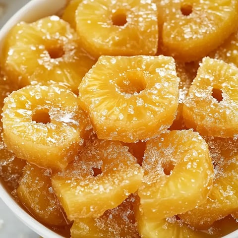 A close-up of sliced, canned pineapple rings glistening with syrup and sprinkled with sugar in a white bowl.