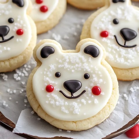 A plate of decorated cookies shaped like polar bear faces, featuring white icing, black eyes, and red cheeks.