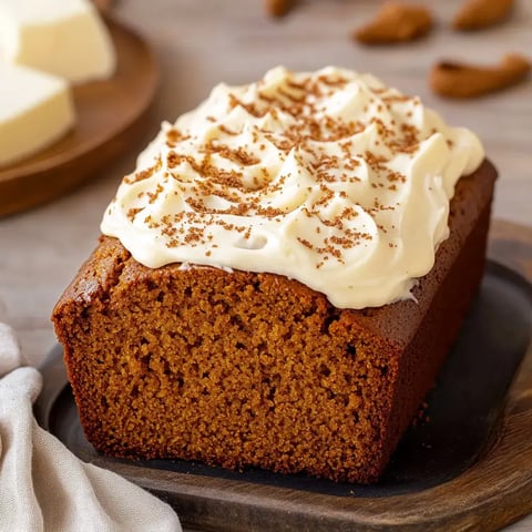 A freshly baked loaf of gingerbread topped with creamy frosting and sprinkled with a dusting of spices.