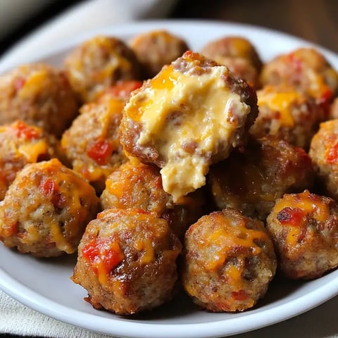 A plate of cheesy meatballs with one meatball showing a gooey cheese filling.