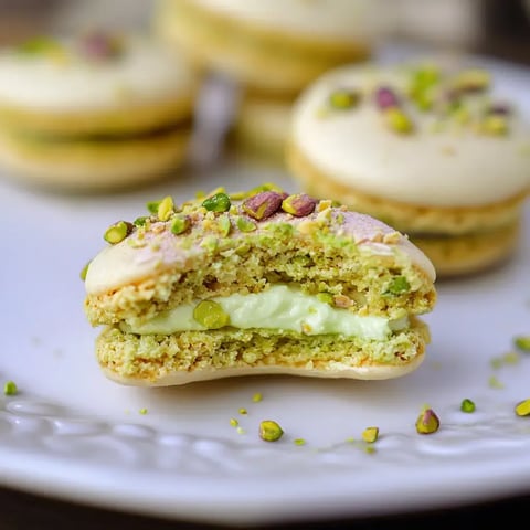 A split pistachio macaron with a creamy filling is displayed on a decorative plate, surrounded by whole pistachios and additional macarons in the background.