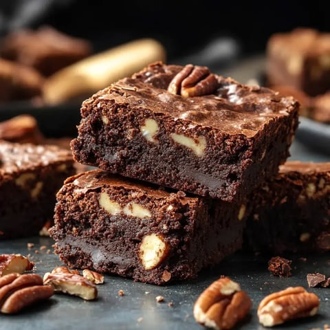 A close-up image of rich, chocolate brownies topped with pecans and featuring chunks of nuts inside.