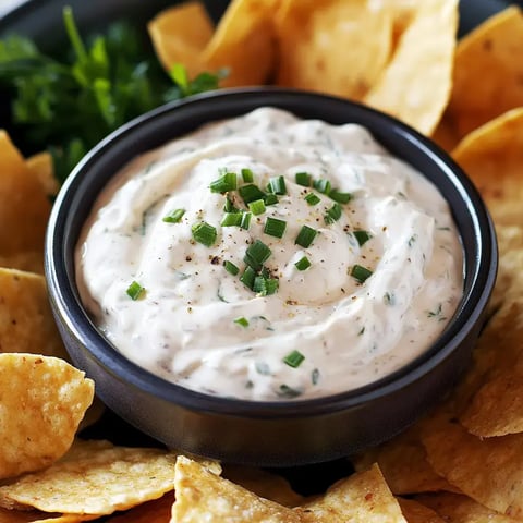A bowl of creamy dip garnished with chopped chives sits amidst crispy tortilla chips.