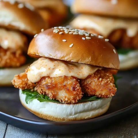 A close-up of a crispy chicken sandwich topped with spicy mayonnaise and served on a sesame seed bun.