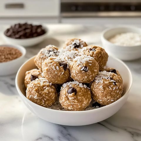 A bowl of no-bake energy bites coated with shredded coconut and chocolate chips, surrounded by bowls of various ingredients.