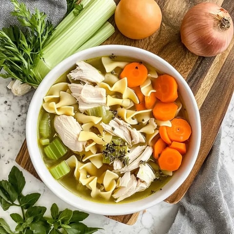 A bowl of chicken noodle soup with egg noodles, shredded chicken, carrots, and celery, surrounded by fresh vegetables on a wooden cutting board.