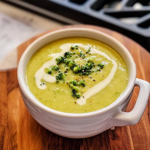 A white bowl of broccoli soup topped with small pieces of broccoli, a swirl of cream, and pepper, resting on a wooden cutting board.