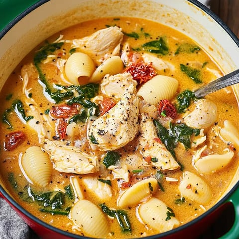 A close-up of a creamy chicken pasta soup with spinach and sun-dried tomatoes in a large pot.