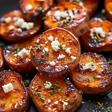 A close-up of roasted sweet potato slices topped with crumbled cheese and fresh herbs.