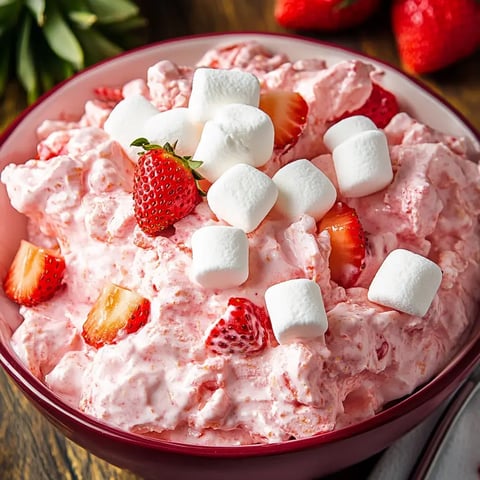 A bowl of strawberry fluff dessert topped with mini marshmallows and fresh strawberry pieces.
