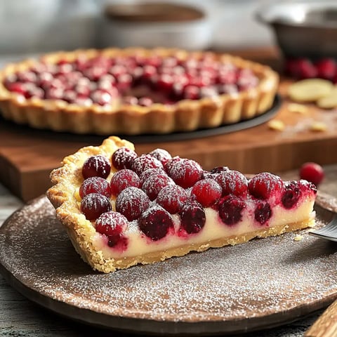 A slice of cranberry tart topped with powdered sugar is placed on a wooden plate, with the whole tart in the background.