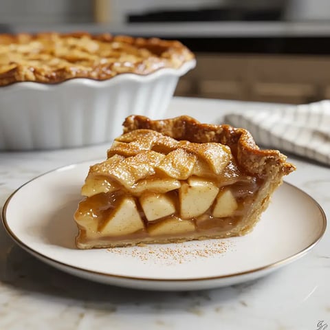 A slice of apple pie with a flaky crust and visible apple filling sits on a plate in front of a whole pie.