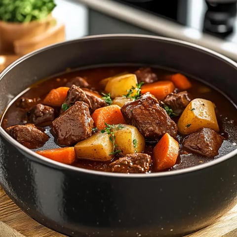 A close-up of a bowl of hearty beef stew with chunks of meat, carrots, and potatoes, garnished with fresh herbs.