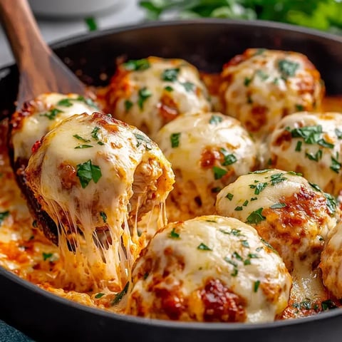 A close-up of a skillet filled with cheesy, baked meatballs garnished with parsley, with one meatball being lifted, revealing melted cheese.