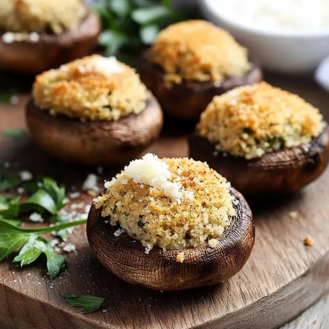 A close-up view of five stuffed mushrooms topped with breadcrumbs and grated cheese, arranged on a wooden cutting board with parsley garnish.