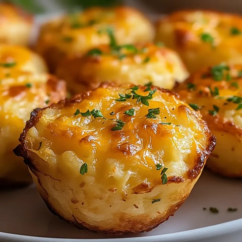A close-up of golden-brown cheesy potato cups topped with green herbs.
