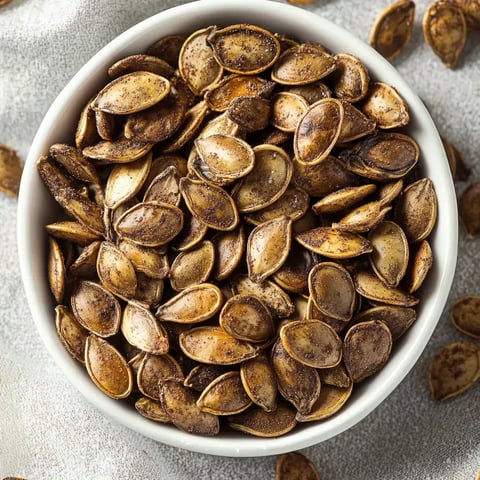 A white bowl filled with roasted pumpkin seeds sits against a textured background.