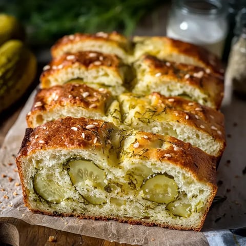 A freshly baked loaf of bread filled with sliced pickles and topped with sesame seeds and herbs.