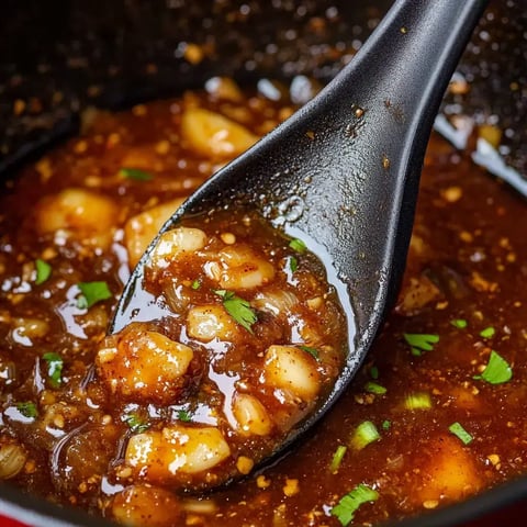 A close-up of a black spoon lifting a rich, brown sauce containing chunks of meat and garnished with green herbs.