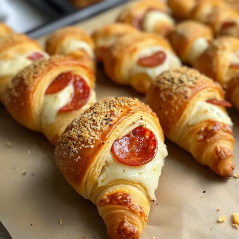 A close-up of freshly baked croissant-style pastries filled with cheese and topped with pepperoni and breadcrumbs.