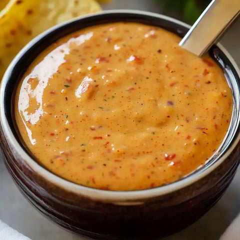 A bowl of creamy orange sauce with flecks of spices, accompanied by tortilla chips.