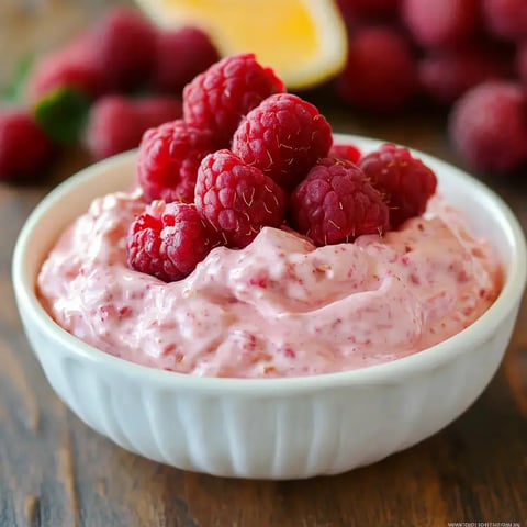 A bowl of creamy pink raspberry dessert topped with fresh raspberries, set against a blurred background of more raspberries.