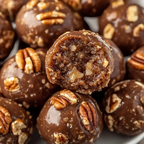 A close-up image of chocolate-covered energy balls topped with pecans, showcasing one ball cut in half to reveal its textured filling.
