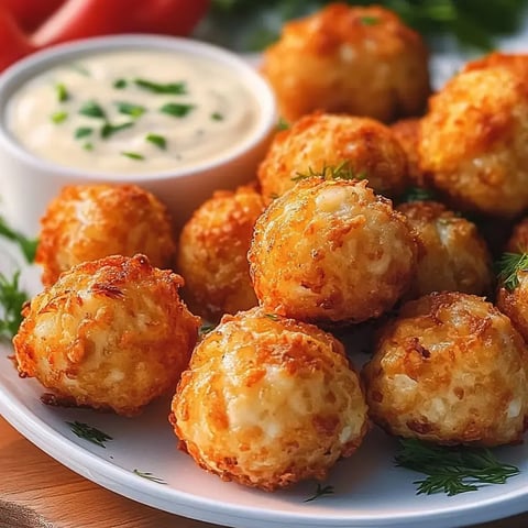 A plate of crispy golden cheese balls served with a small bowl of creamy dipping sauce.