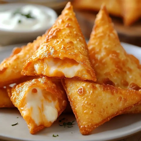 A plate of crispy, golden-brown triangular pastries filled with melted cheese, accompanied by a small bowl of dipping sauce.