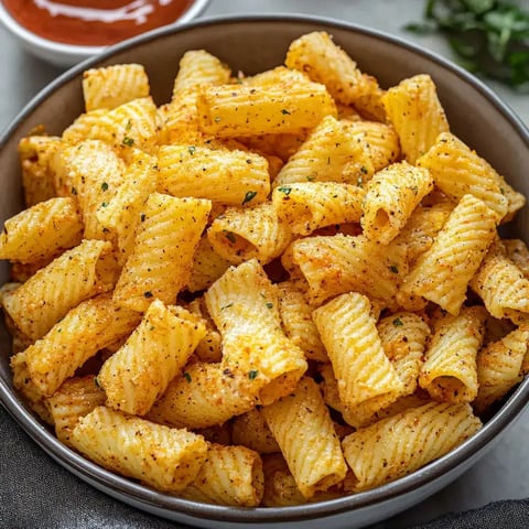 A close-up view of a bowl filled with flavorful, seasoned pasta, with a small dish of sauce in the background.