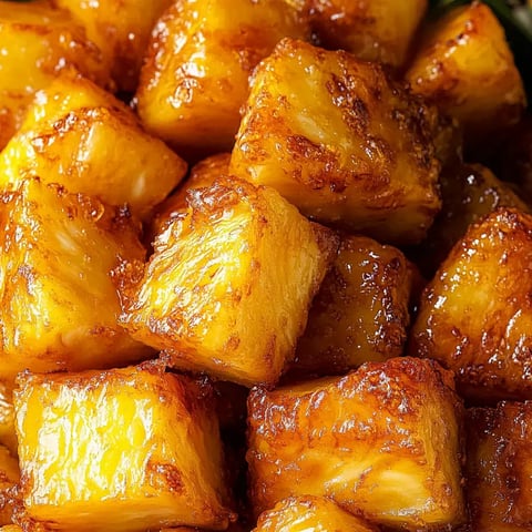 A close-up of golden-brown caramelized pineapple cubes arranged in a stacked formation.