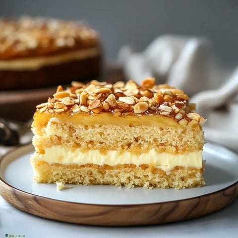 A slice of layered cake with a creamy filling, topped with a glossy glaze and crushed nuts, served on a wooden plate.