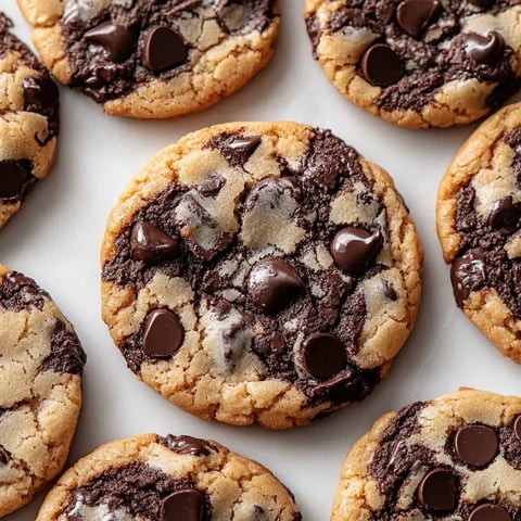 A close-up photo of freshly baked chocolate chip cookies with a marbled appearance of brown and golden dough.