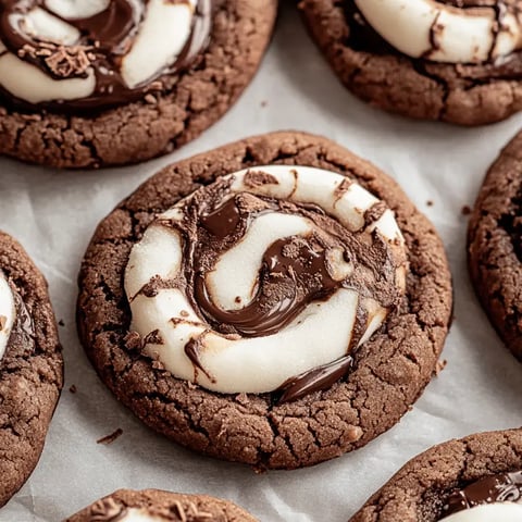 A close-up image of chocolate cookies topped with a swirl of white frosting and drizzled chocolate.