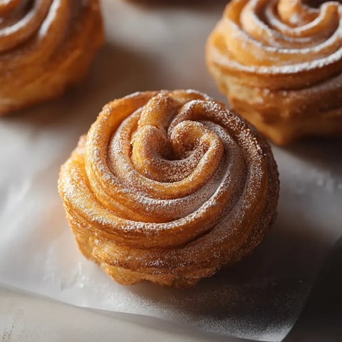 A close-up of a freshly baked pastry shaped like a spiral rose, lightly dusted with powdered sugar.