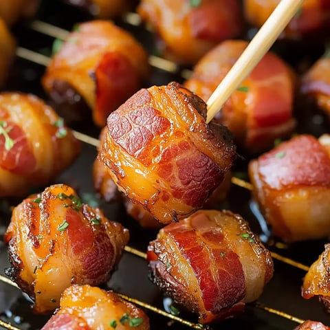 A close-up image of crispy, bacon-wrapped bites with skewers, garnished with green herbs.