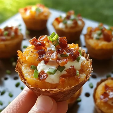 A hand holds a baked potato cup topped with sour cream, crispy bacon bits, and chopped green onions, with several similar cups in the background.