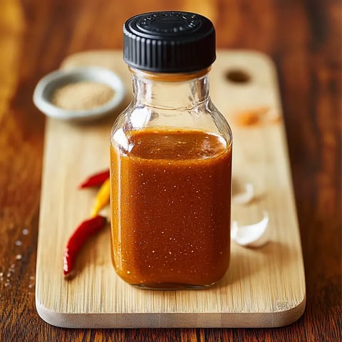 A clear glass bottle filled with a reddish-brown sauce sits on a wooden cutting board, accompanied by dried red chilies, garlic cloves, and a small bowl of seeds.