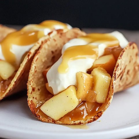 A close-up of tacos filled with diced apples, apple pie filling, whipped cream, and drizzled caramel on a white plate.
