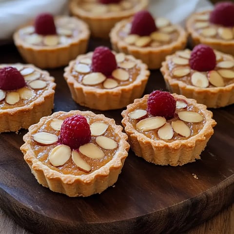 A close-up of several almond tartlets topped with raspberries, arranged on a wooden platter.