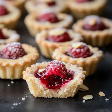 A close-up of a raspberry tartlet with a raspberry and jam filling, surrounded by more tartlets on a dark surface.