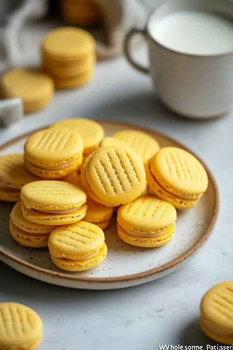 A plate of yellow macarons is arranged with a glass of milk in the background.