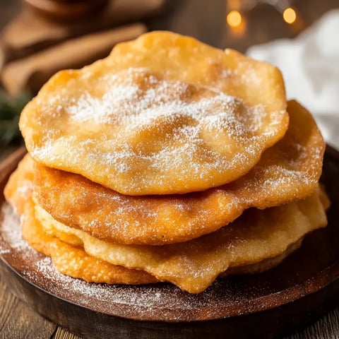 A stack of golden-brown fried pastries dusted with powdered sugar on a wooden plate.