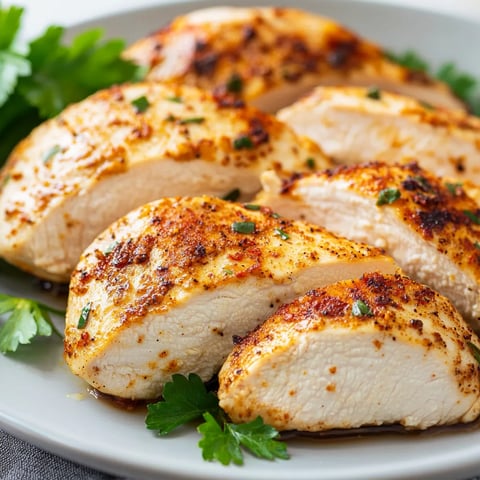 Juicy air fryer chicken breast perfectly cooked and seasoned, served on a plate for a quick and healthy meal.