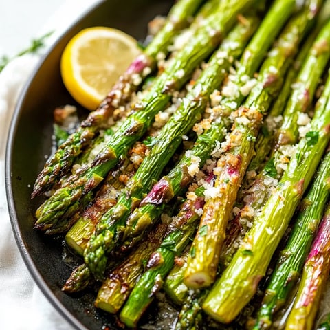 Fresh oven-roasted asparagus, seasoned to perfection, with a golden, tender texture on a serving plate.