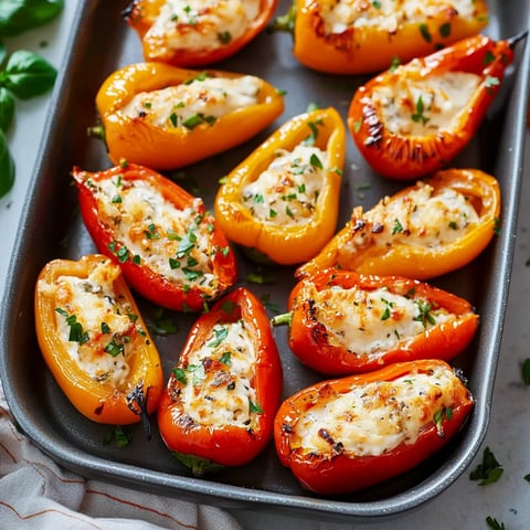 Mini bell peppers stuffed with a creamy, cheesy filling, baked to golden perfection on a serving platter.
