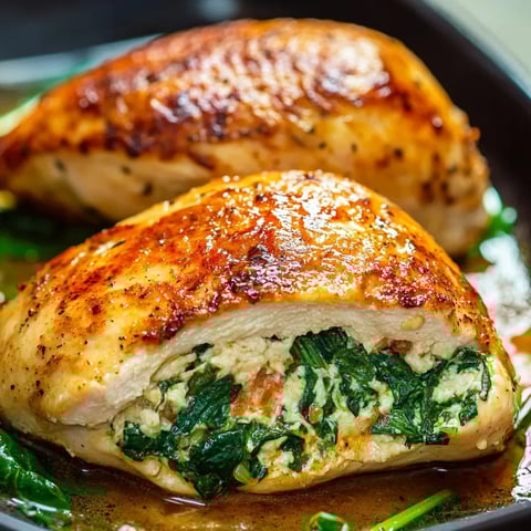 Juicy chicken breast stuffed with creamy spinach and cheese, baked to golden perfection for a delicious meal.