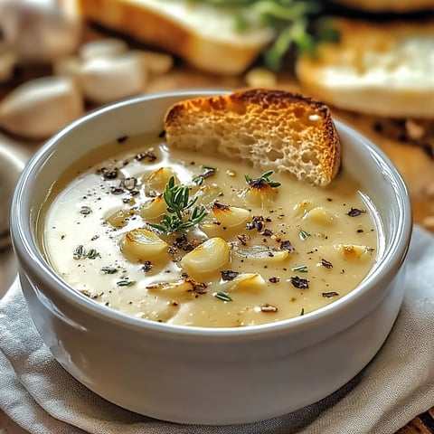 Rustic Country French garlic soup with roasted garlic, creamy broth, and fresh herbs for a comforting classic.