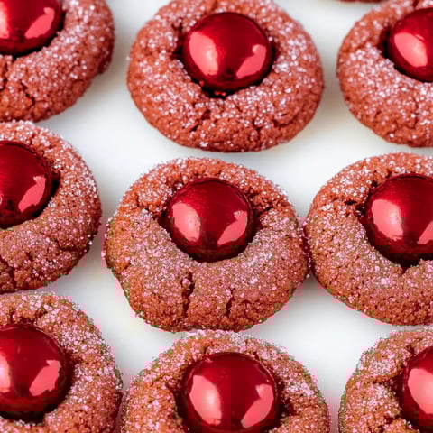 Soft red velvet cookies topped with a classic Hershey’s Kiss, perfect for festive and sweet occasions.